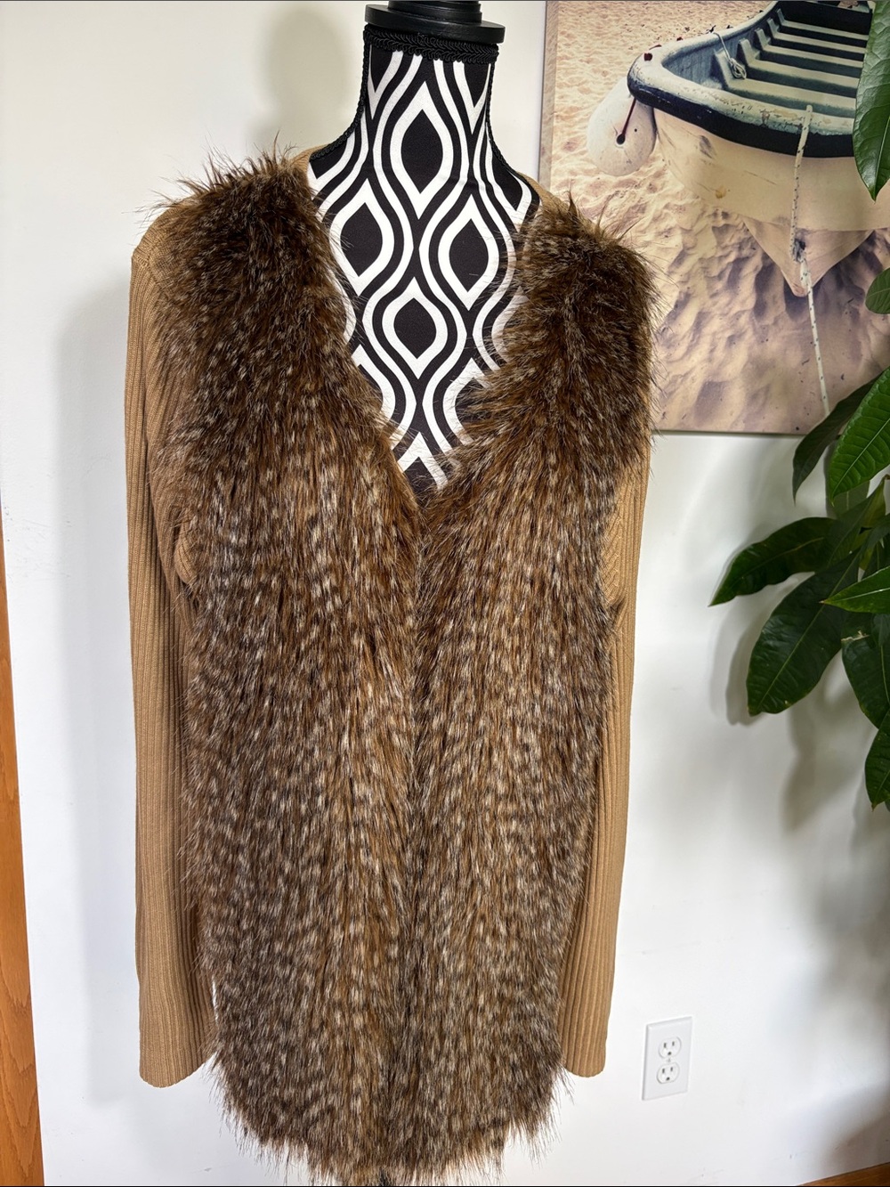Calvin Klein Brown Faux Fur Trim Ribbed Cardigan